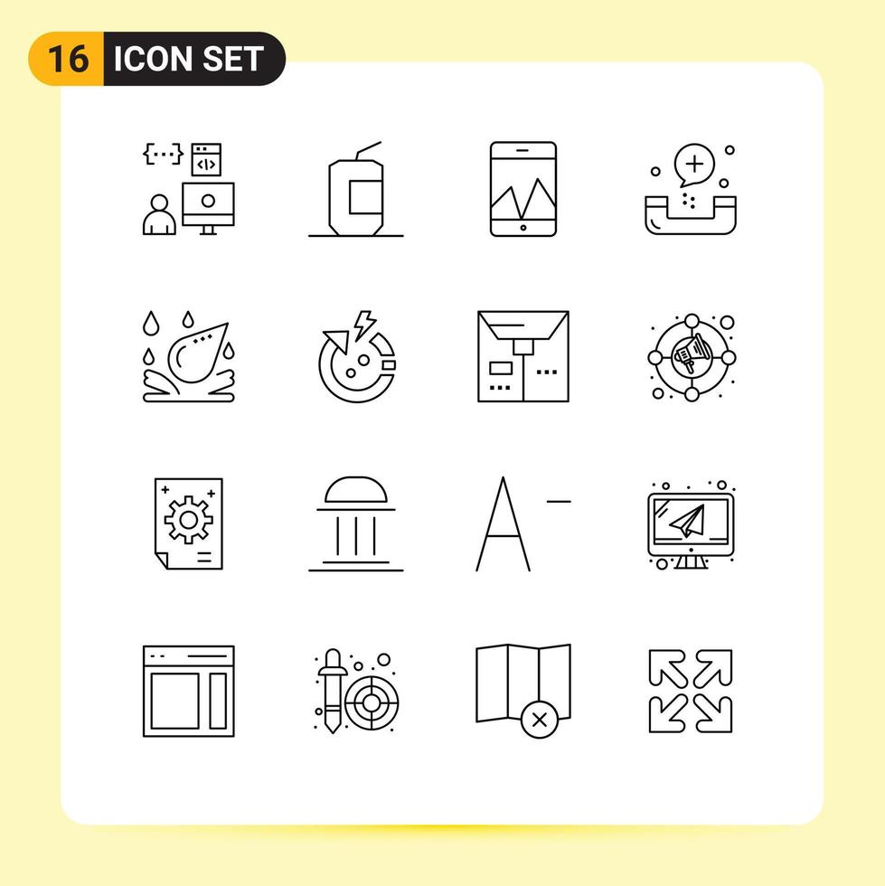 Pack of 16 Modern Outlines Signs and Symbols for Web Print Media such as form emergency fast food disease smartphone Editable Vector Design Elements