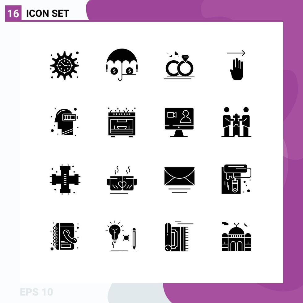 Mobile Interface Solid Glyph Set of 16 Pictograms of low battery merraige right four Editable Vector Design Elements