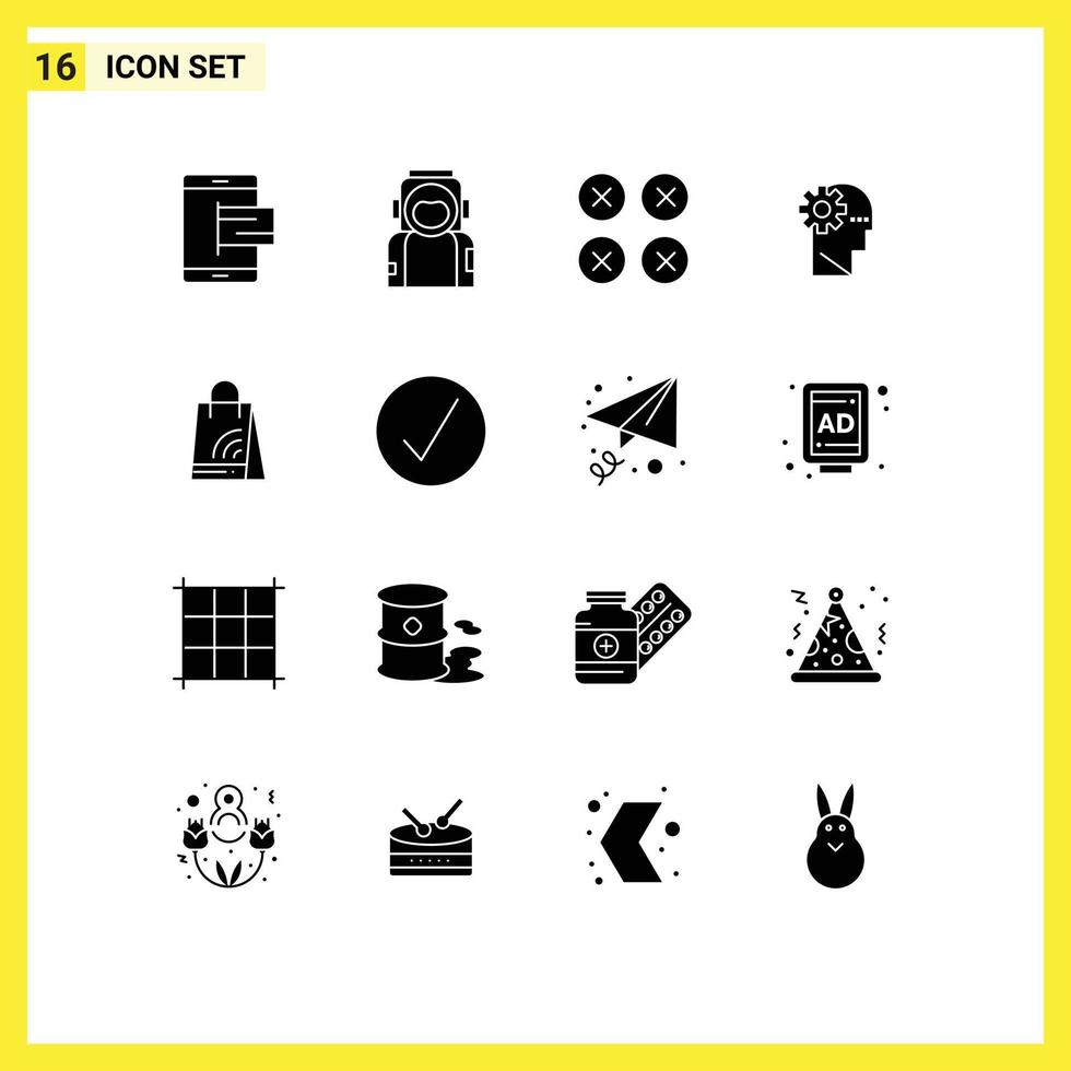 Editable Vector Line Pack of 16 Simple Solid Glyphs of learning brain helmet ux layout Editable Vector Design Elements