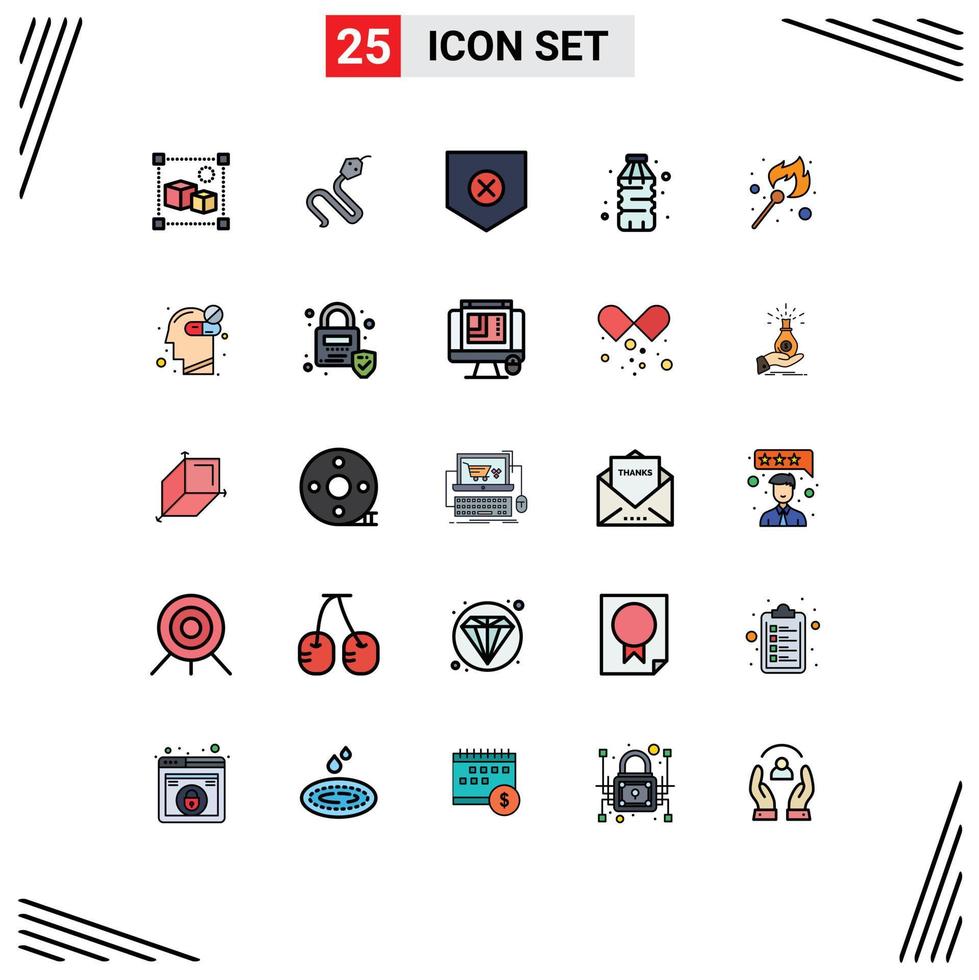 Mobile Interface Filled line Flat Color Set of 25 Pictograms of flame water protect food bottle Editable Vector Design Elements