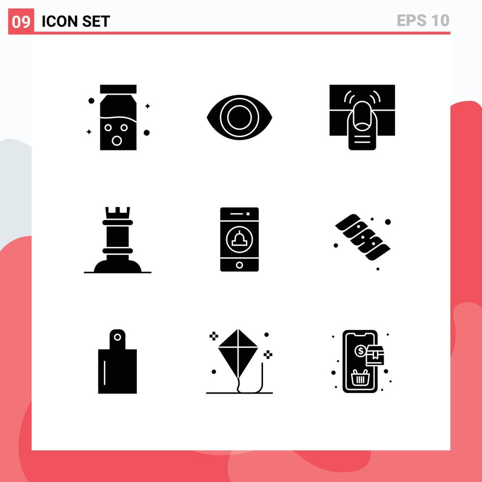 Pack of 9 Modern Solid Glyphs Signs and Symbols for Web Print Media such as web signaling hand notification figure Editable Vector Design Elements