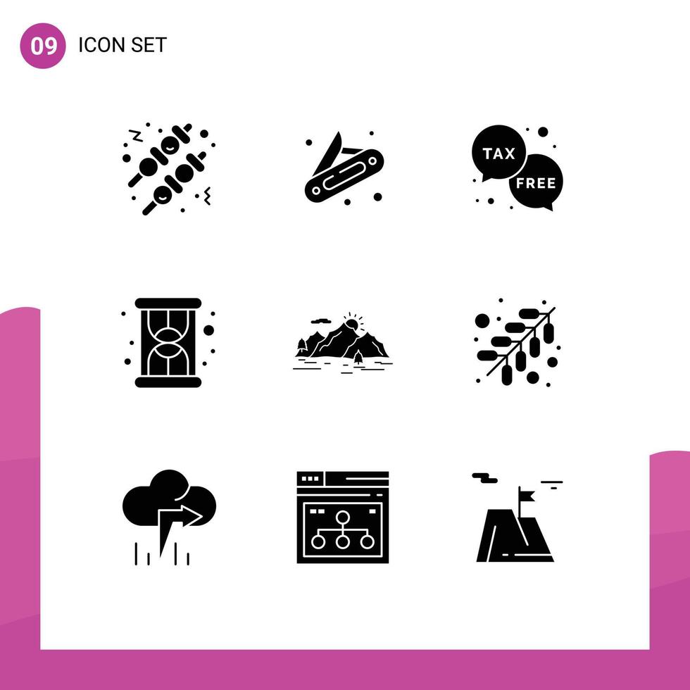 Set of 9 Commercial Solid Glyphs pack for nature hill free mountain loading Editable Vector Design Elements