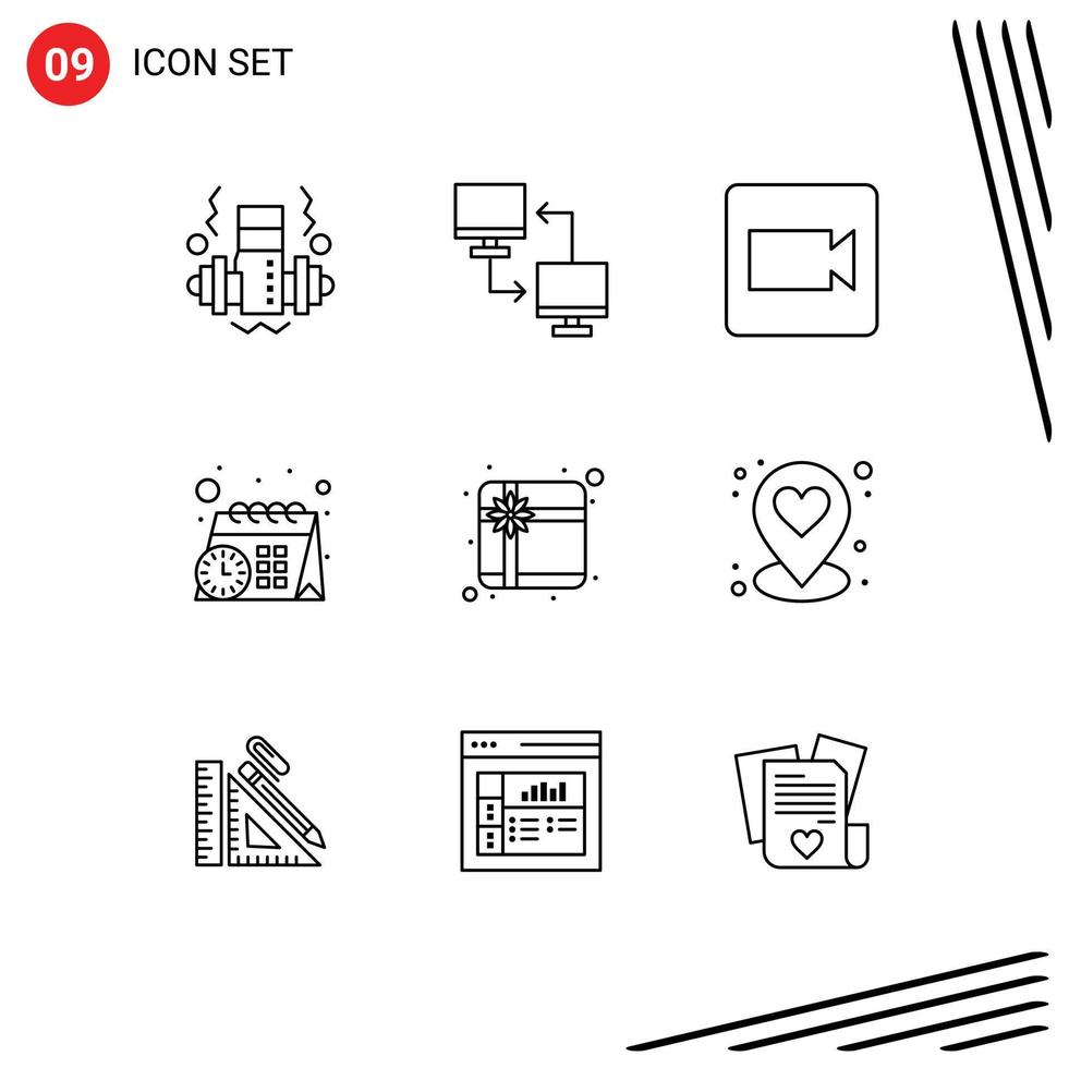 9 Universal Outline Signs Symbols of heart gift camera box schedule Editable Vector Design Elements