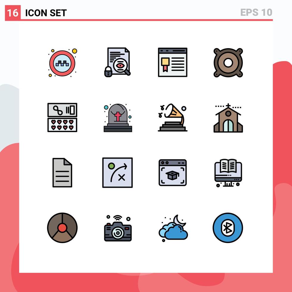 Group of 16 Modern Flat Color Filled Lines Set for cosmetic speaker browser music website Editable Creative Vector Design Elements