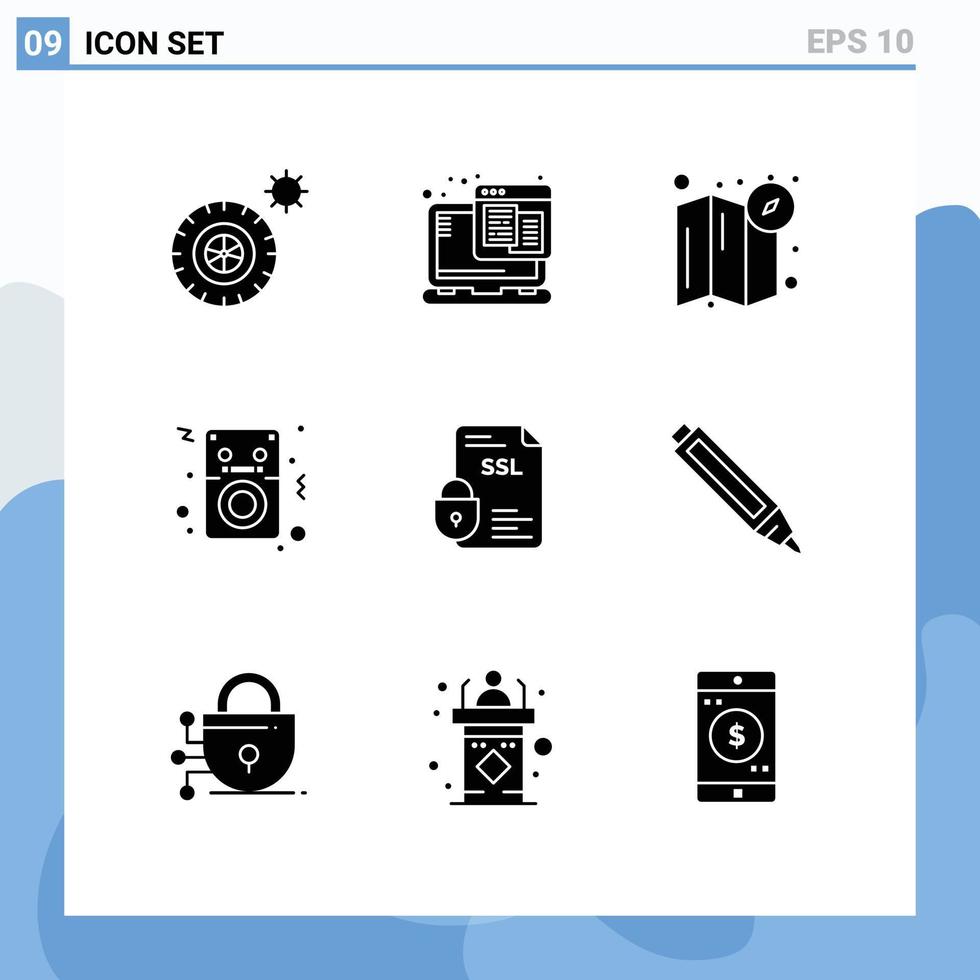 9 Universal Solid Glyphs Set for Web and Mobile Applications security certificate location banking ipod Editable Vector Design Elements