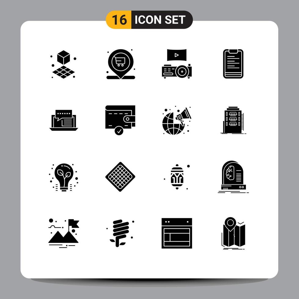 Modern Set of 16 Solid Glyphs Pictograph of internet chat projector consulting board Editable Vector Design Elements