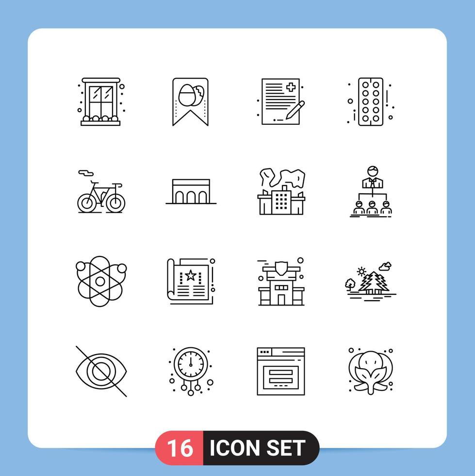 Group of 16 Modern Outlines Set for outline tablet doctor strip drug Editable Vector Design Elements