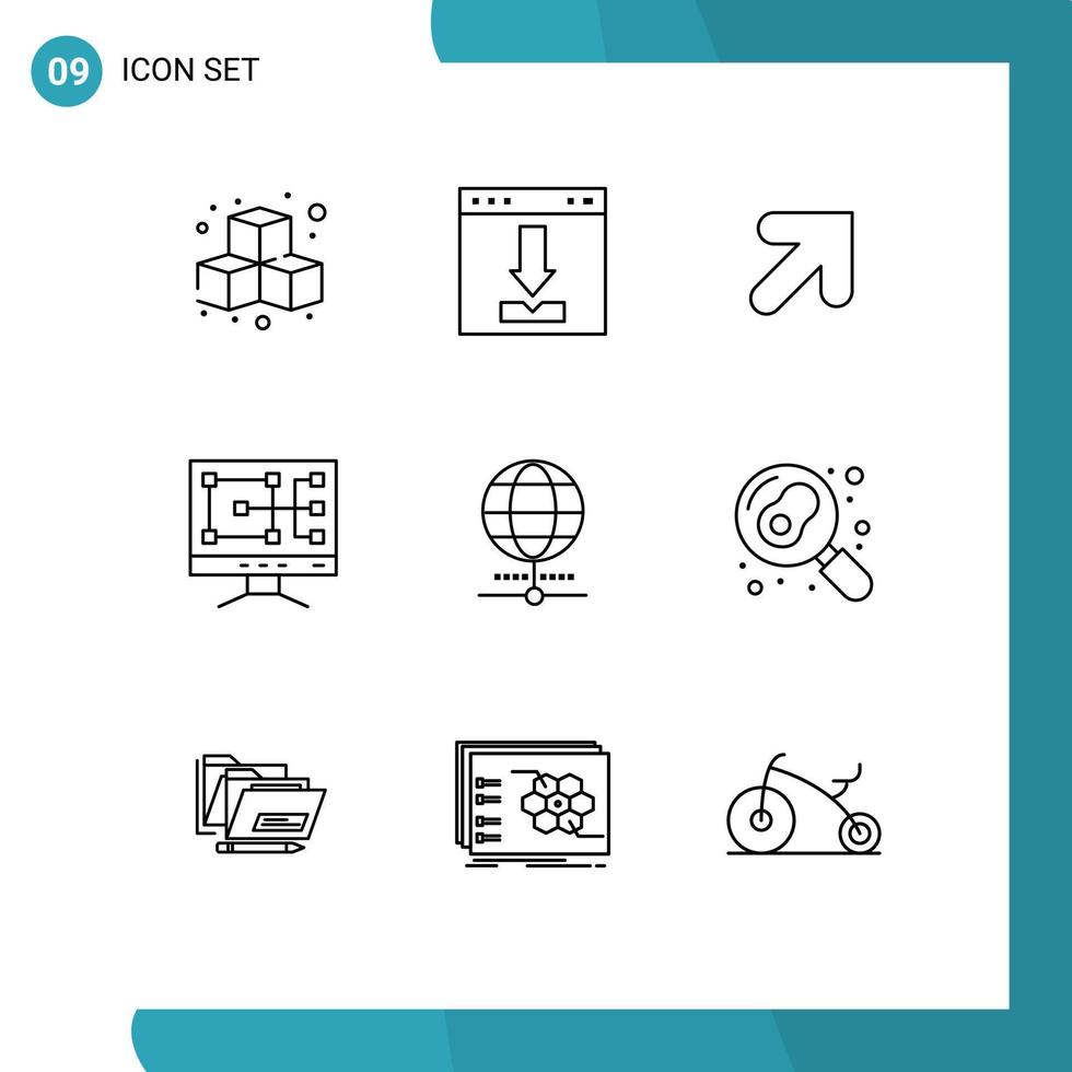 Modern Set of 9 Outlines Pictograph of browser globe loading repair computer Editable Vector Design Elements