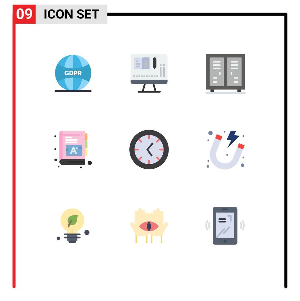 símbolos de iconos universales grupo de 9 colores planos modernos de reloj ebook atleta palabras bebé elementos de diseño vectorial editables vector