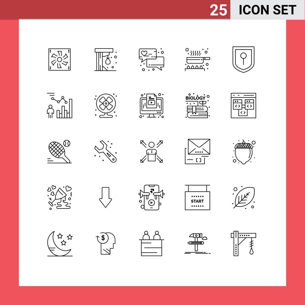User Interface Pack of 25 Basic Lines of security kitchen play frying pan cook Editable Vector Design Elements