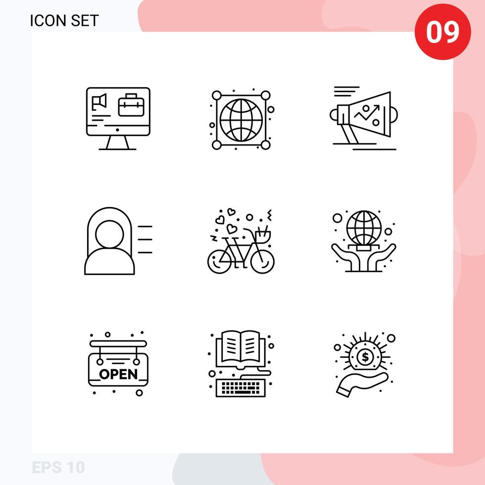 User Interface Pack of 9 Basic Outlines of couple miss marketing girl announce Editable Vector Design Elements