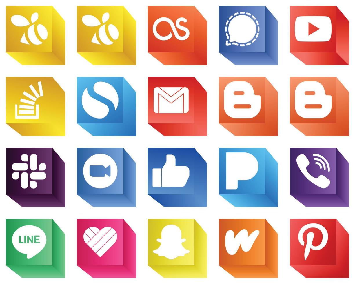 20 3D Icons of Major Social Media Platforms such as slack. blogger. question. mail and gmail icons. Creative and high-resolution vector
