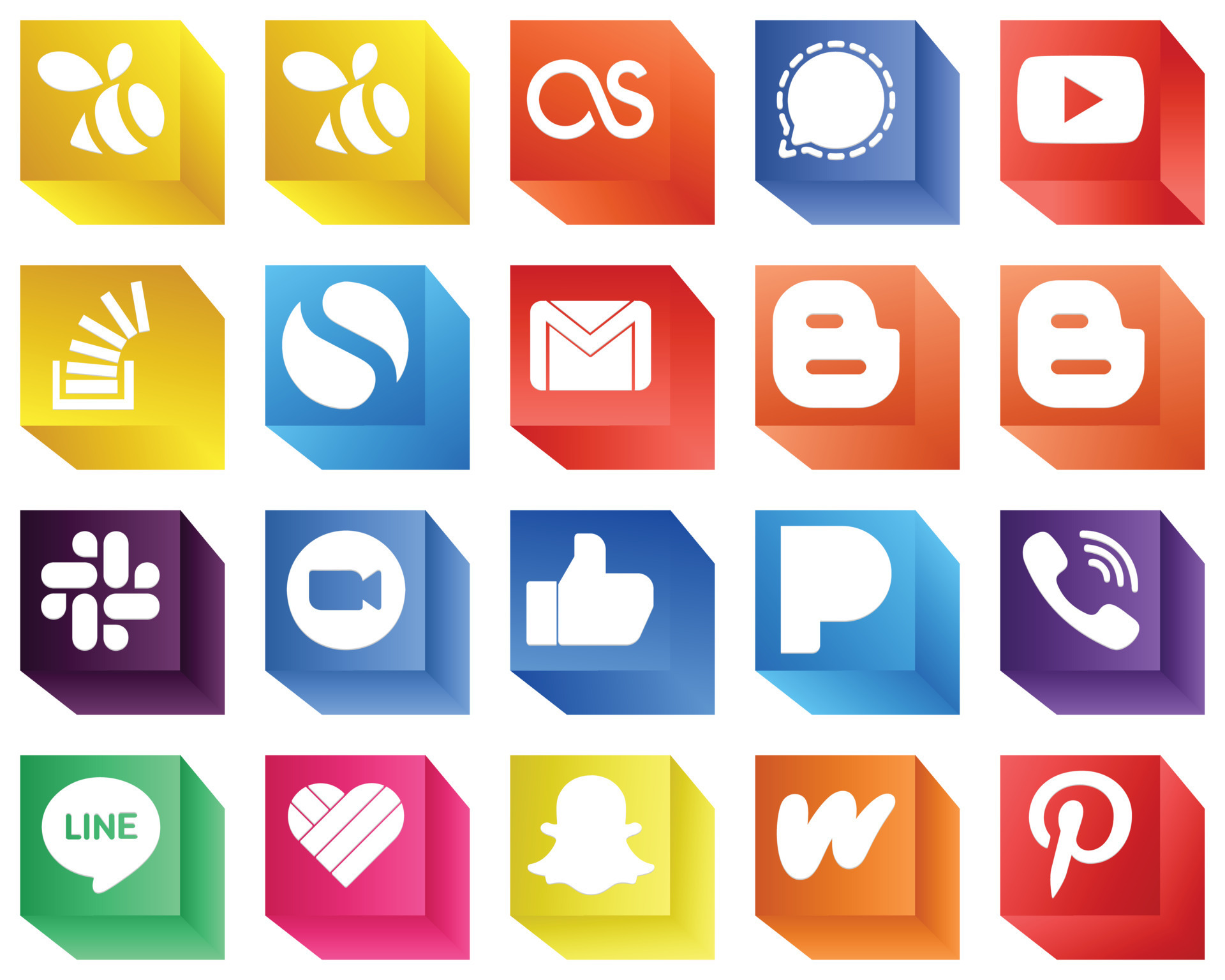20 3D Icons of Major Social Media Platforms such as slack. blogger
