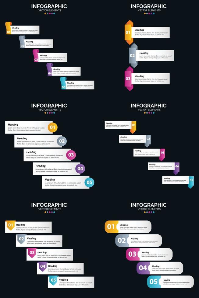 plantilla de diapositiva de presentación del paquete de infografías vectoriales 6 diagramas de ciclo de 5 pasos y líneas de tiempo vector