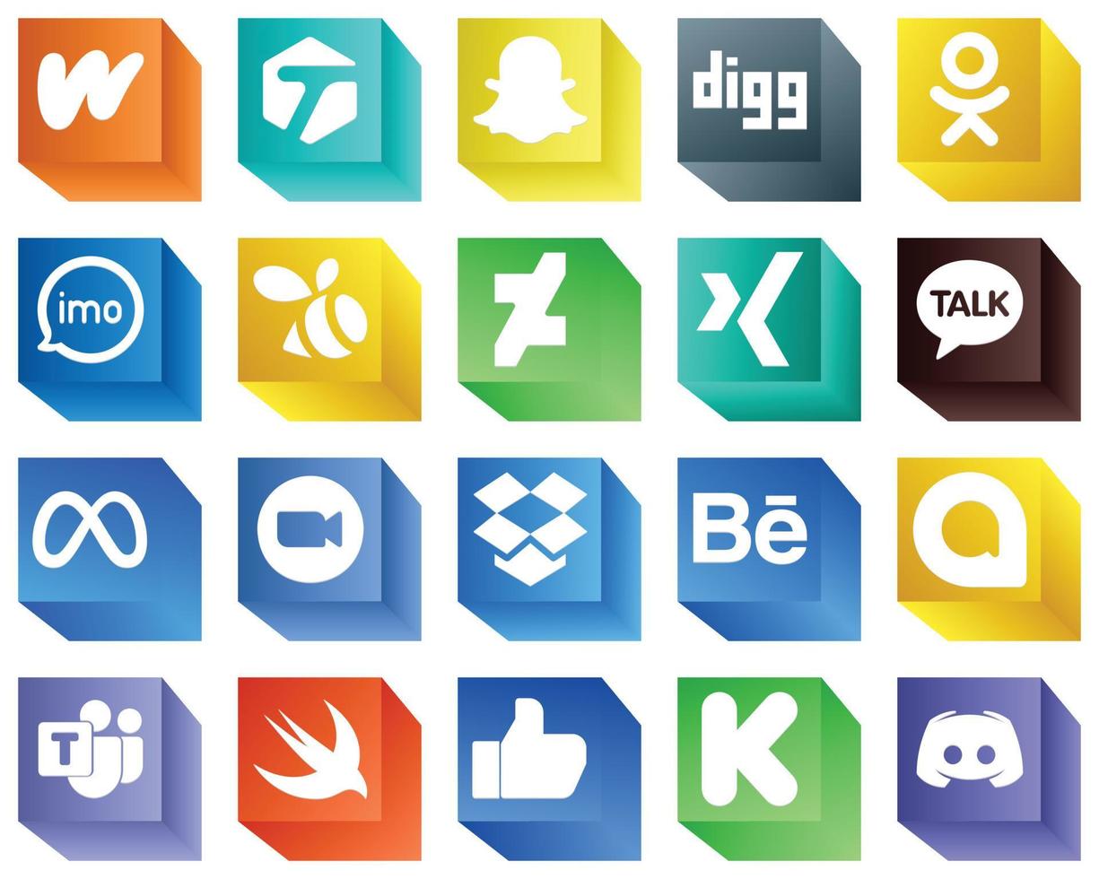 20 3D Social Media Icons for Popular Brands such as video. facebook. video. meta and xing icons. Eye-catching and editable vector