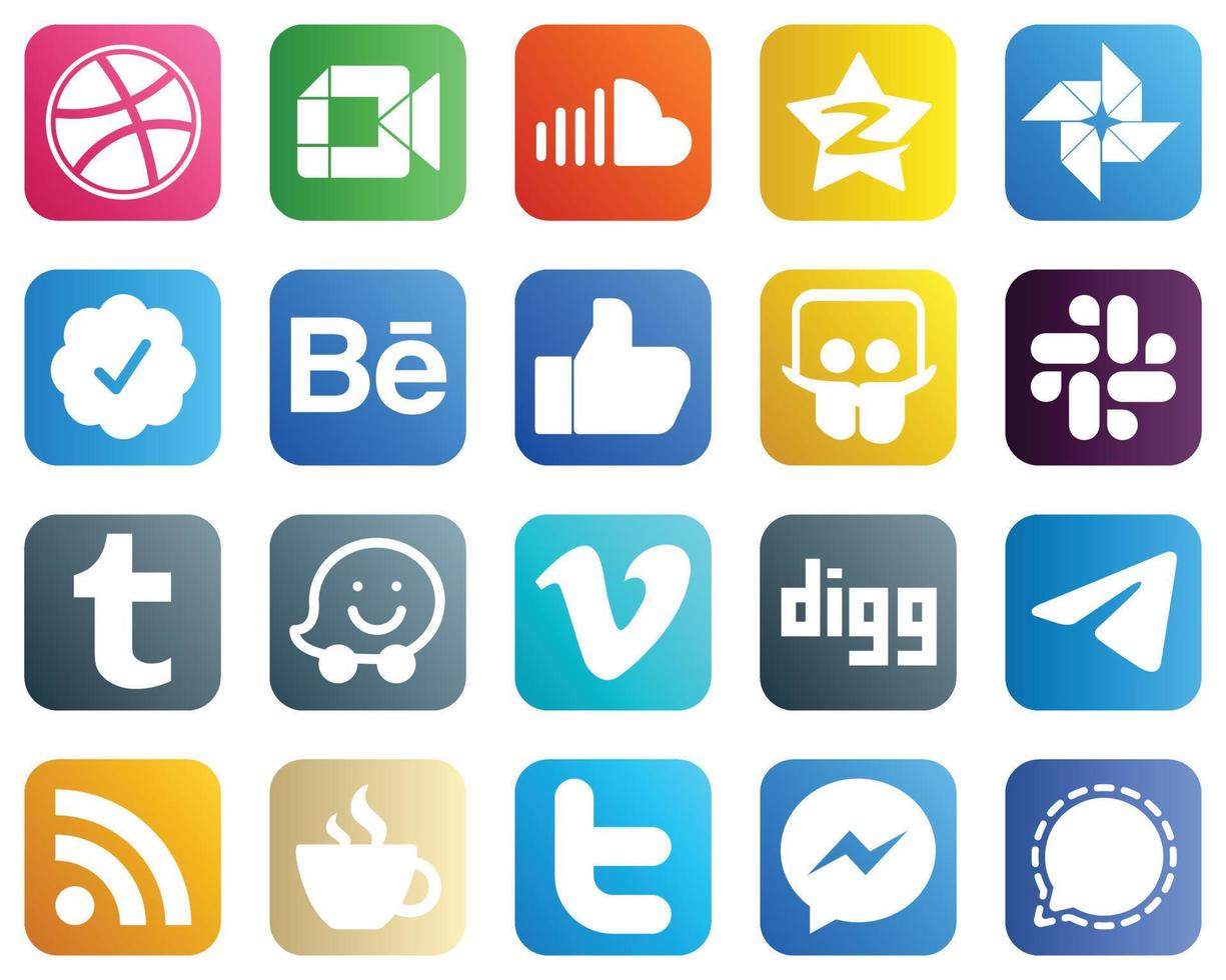 20 íconos de redes sociales de alta resolución como tumblr. compartir diapositivas. tencent iconos de facebook y behance. moderno y profesional vector