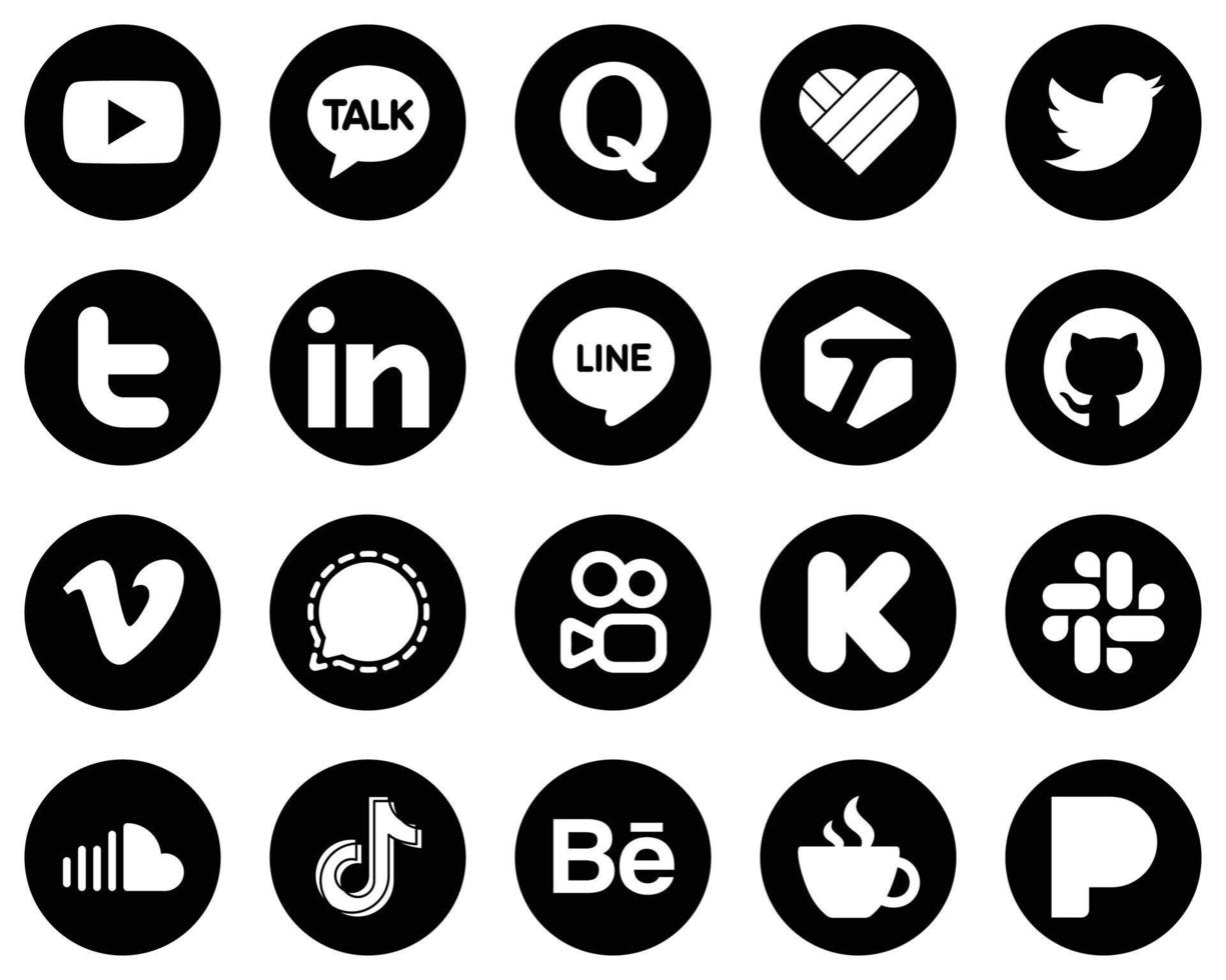 20 Attractive White Social Media Icons on Black Background such as signal. linkedin. video and github icons. High-quality and creative vector