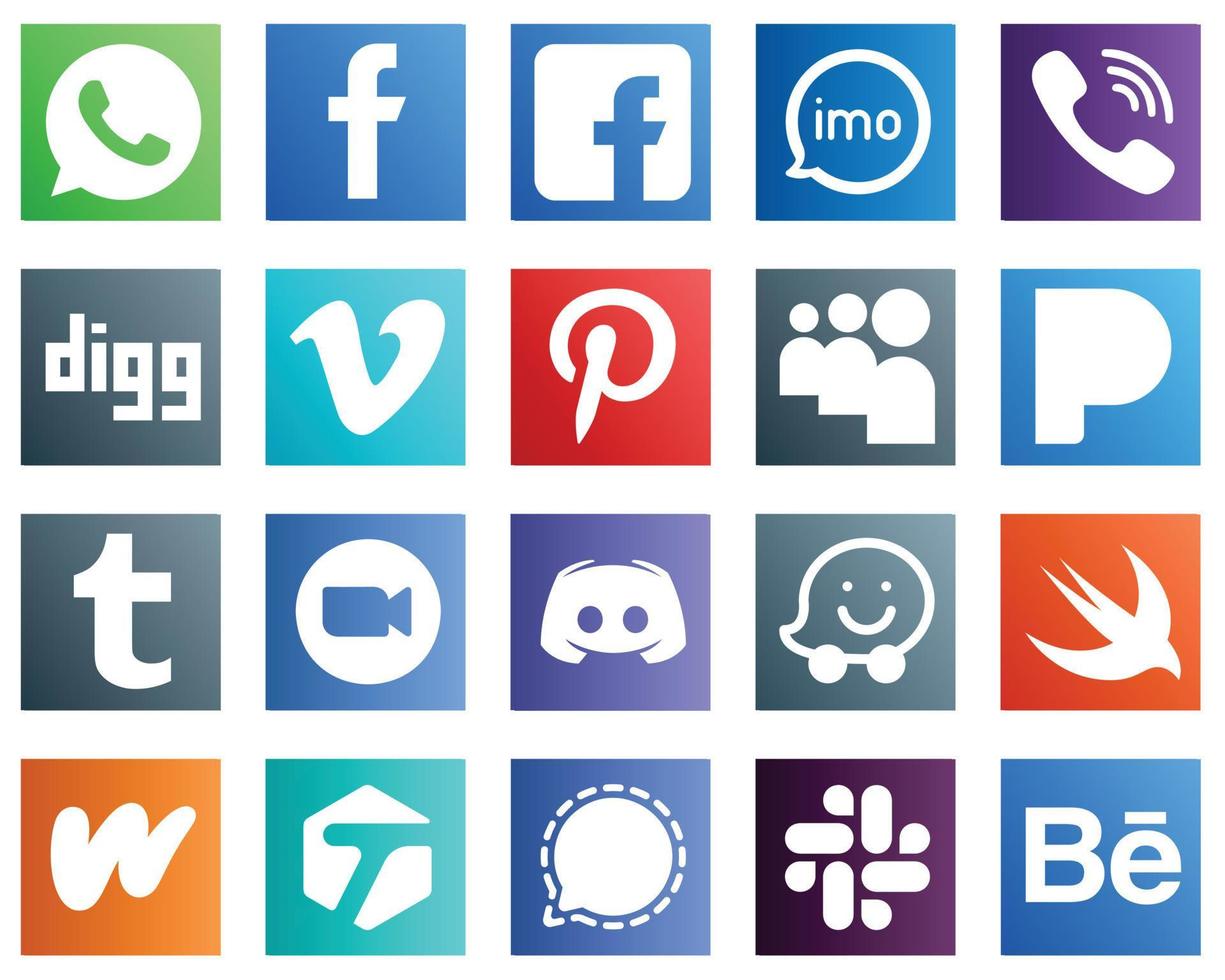 20 íconos versátiles de redes sociales como tumblr. mi espacio. vibración iconos de pinterest y vimeo. totalmente editable y versátil vector