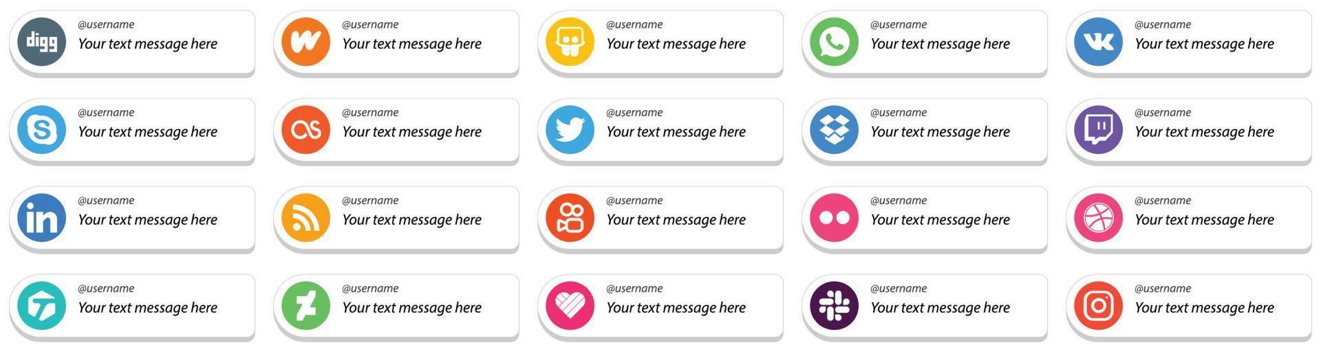 Card Style Social Media Platform Follow Me Icons with Custom Message Option 20 pack such as kuaishou. rss. lastfm. professional and twitch icons. Fully editable and unique vector