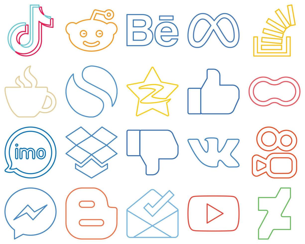 20 atractivos y creativos íconos de redes sociales de contorno colorido como qzone. Facebook. transmisión y desbordamiento limpio y profesional vector