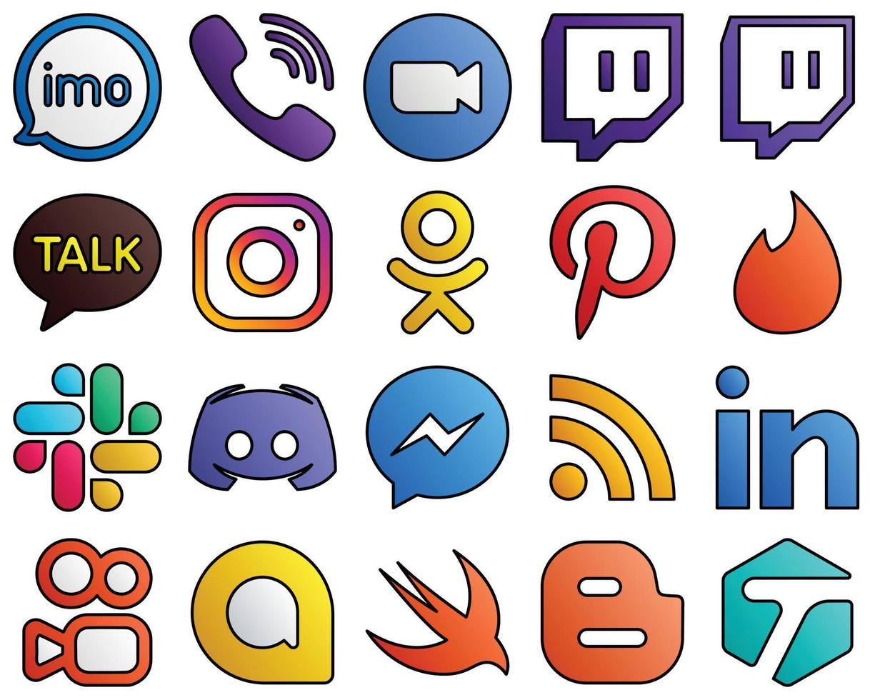 paquete de iconos de redes sociales de estilo de línea rellena pinterest. video. meta y kakao hablan 20 íconos versátiles vector