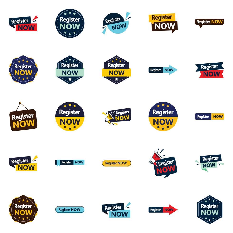 25 Professional Typographic Designs for a refined registration message Register Now vector