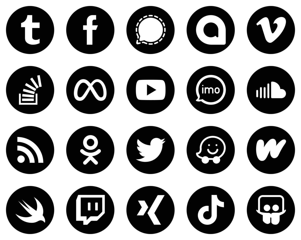 20 elegantes íconos blancos de redes sociales sobre fondo negro como video. Facebook. vimeo iconos meta y stock. creativo y llamativo vector