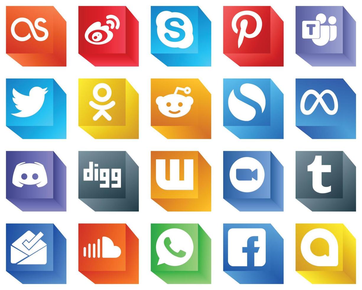 3D Social Media Brand Icons for Advertising 20 Icons Pack such as discord. meta. microsoft team. simple and odnoklassniki icons. Modern and professional vector