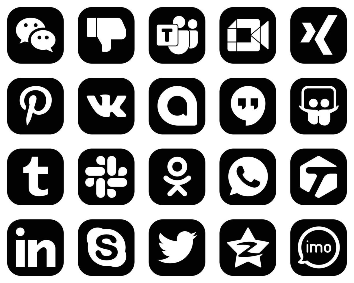 20 íconos premium de medios sociales blancos sobre fondo negro como odnoklassniki. Tumblr iconos de slideshare y google allo. elegante y único vector