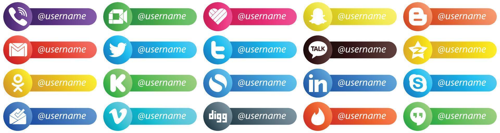 20 íconos de Sígueme para plataformas populares de redes sociales como Tencent. charla kakao. blogger iconos de tweet y correo. minimalista y profesional vector