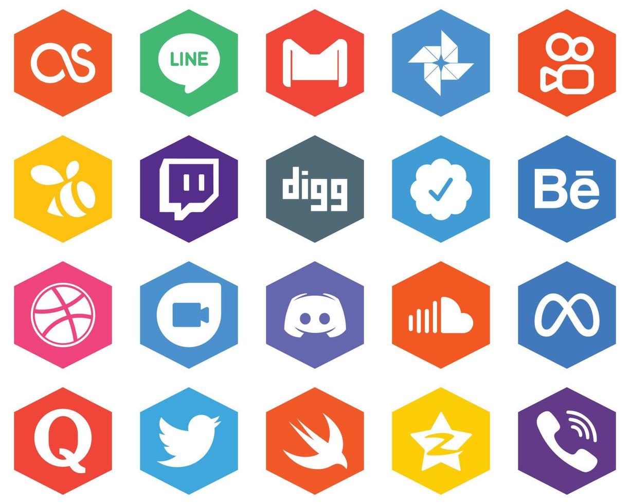 Hexagon Flat Color White Icon Pack message. twitch. discord and dribbble 20 Fresh Icons vector