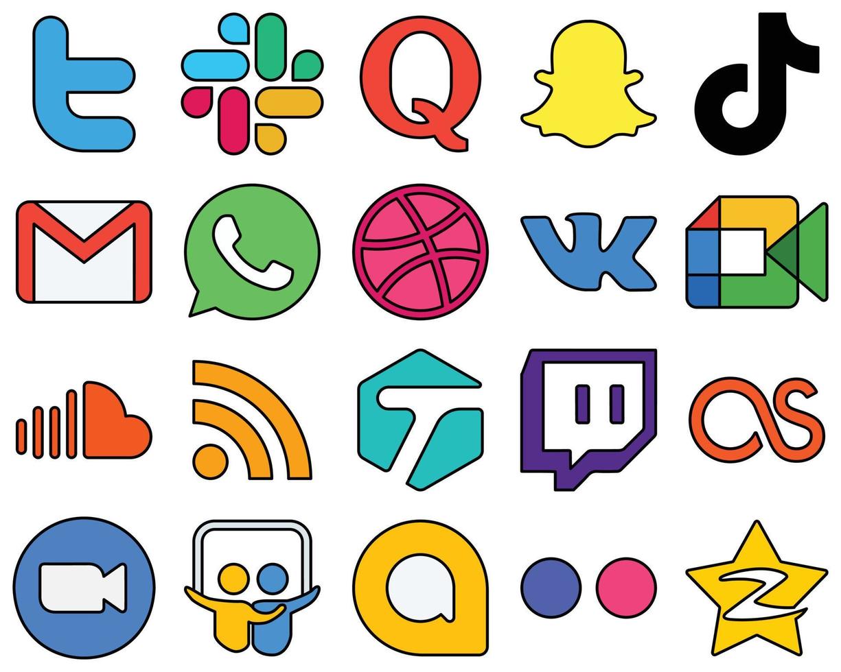 20 Eye-catching Line Filled Social Media Icons such as google meet. dribbble. video. whatsapp and email Professional and high-resolution vector