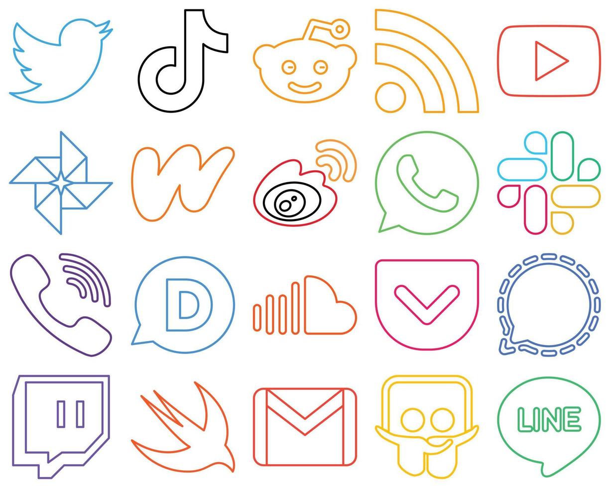 20 Vibrant Colourful Outline Social Media Icons such as china. weibo. rss. literature and google photo Customizable and high-resolution vector