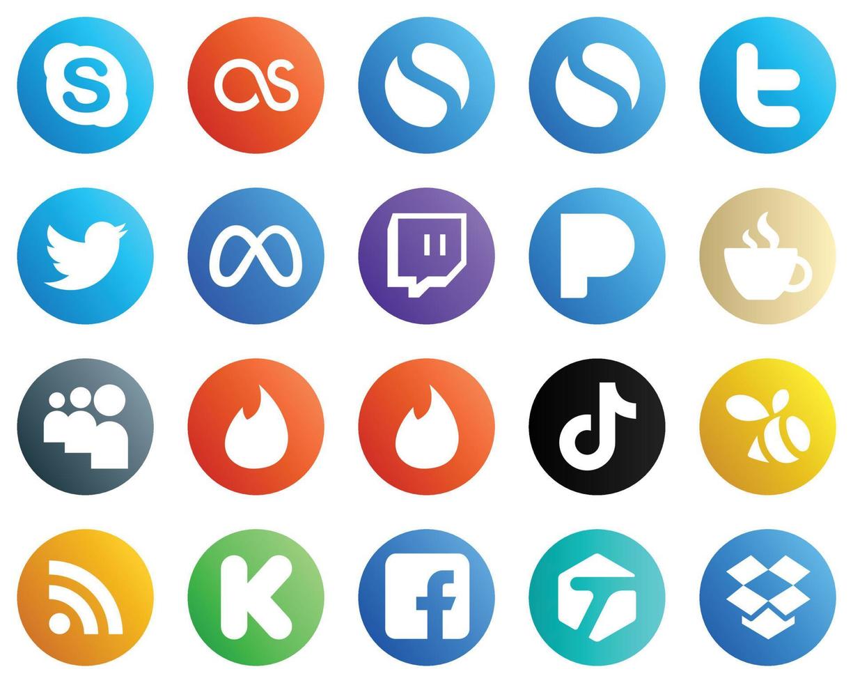20 íconos profesionales de redes sociales como video. Tik Tok. iconos de contracción y tinder. minimalista y profesional vector