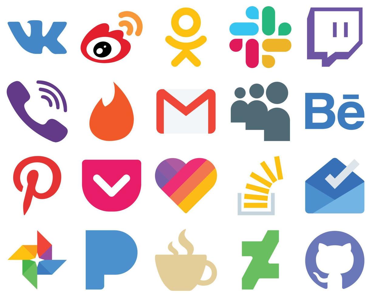 20 iconos de redes sociales planas de estilo vectorial pinterest. mi espacio. vibración iconos de correo y gmail. colección de iconos degradados vector