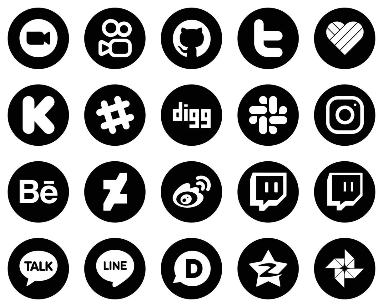 20 íconos de redes sociales blancos limpios sobre fondo negro como behance. meta. me gusta iconos de instagram y digg. moderno y minimalista vector