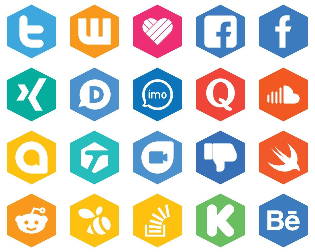 20 Modern White Icons music. soundcloud. disqus and question Hexagon Flat Color Backgrounds vector