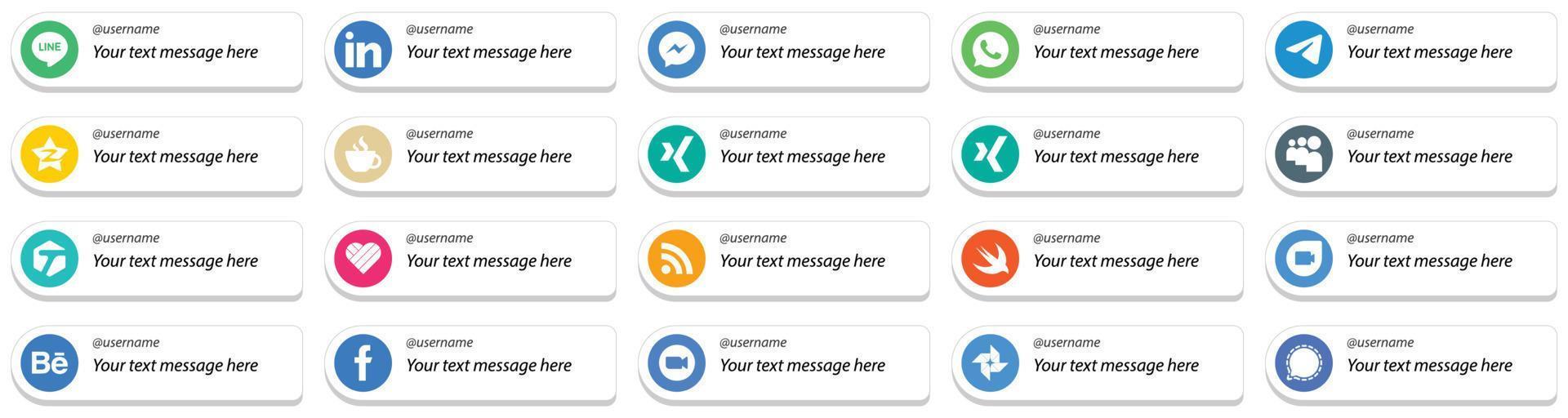 Card Style Follow Me Social Media Platform Icon Set with Custom Message Option 20 icons such as myspace. messenger and streaming icons. High resolution and editable vector