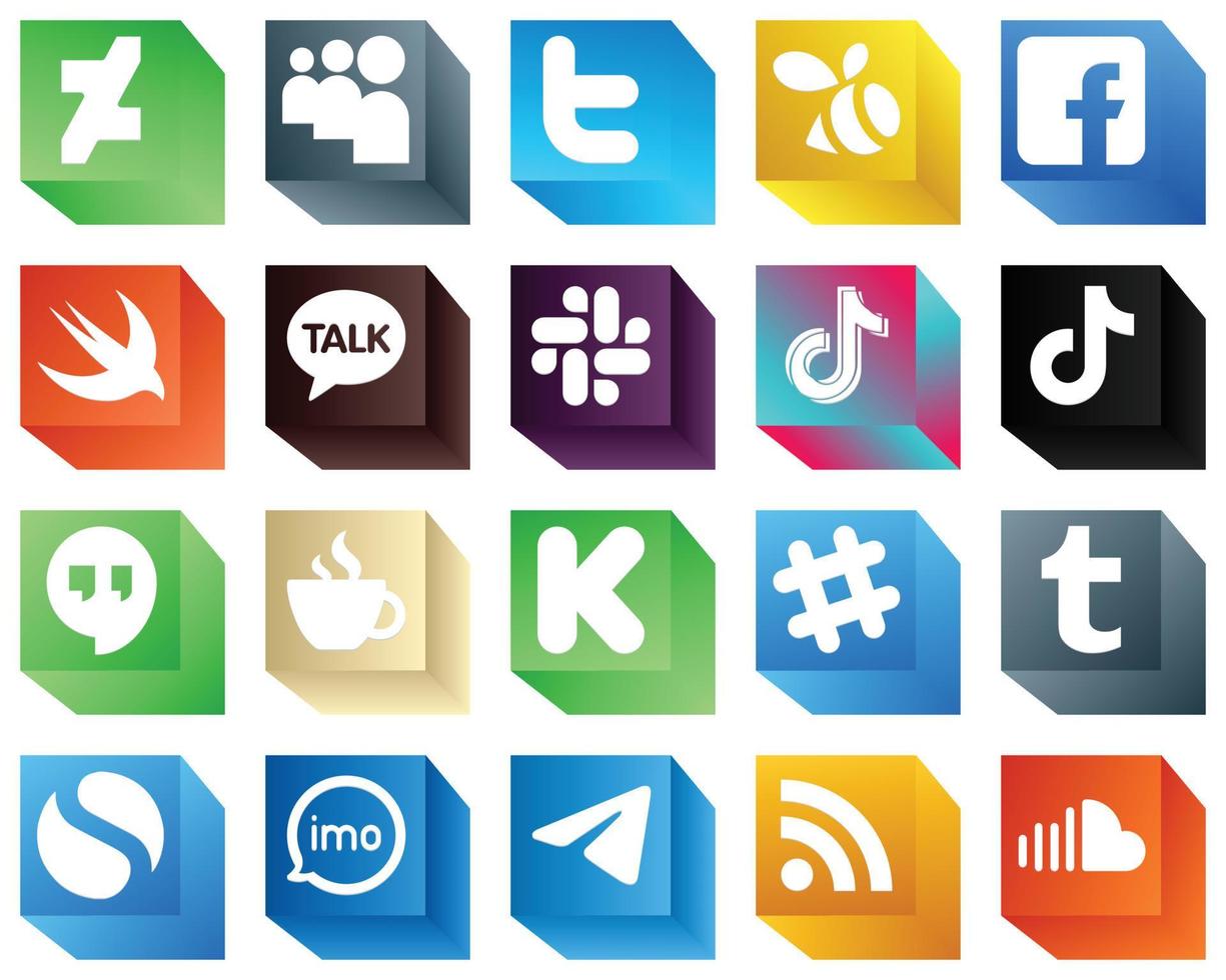 Íconos de marca de redes sociales 3d para paquete de 20 íconos de redes sociales como la cafeína. rápido. iconos de porcelana y douyin. versátil y de alta calidad vector