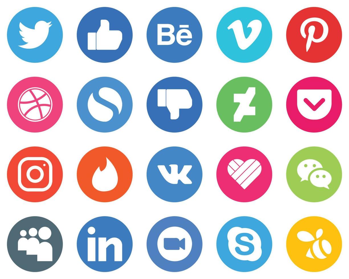 20 Modern White Icons tinder. meta. dribbble. instagram and deviantart Flat Circle Backgrounds vector