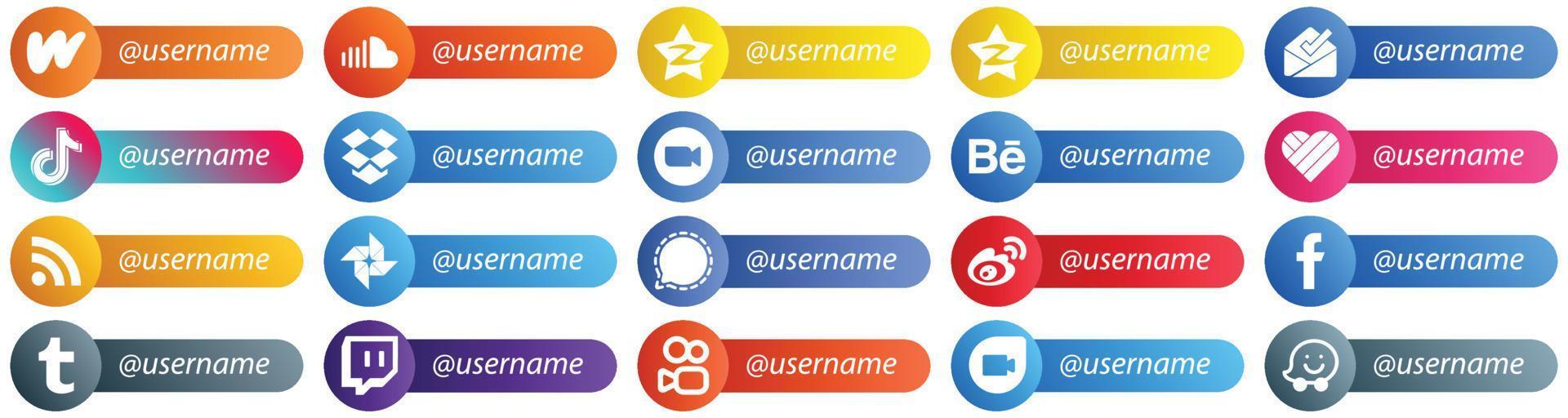 20 iconos de estilo de tarjeta de plataforma de red social sígueme de alta resolución, como reuniones. zoom. bandeja de entrada. iconos de dropbox y china. editable y de alta resolución vector