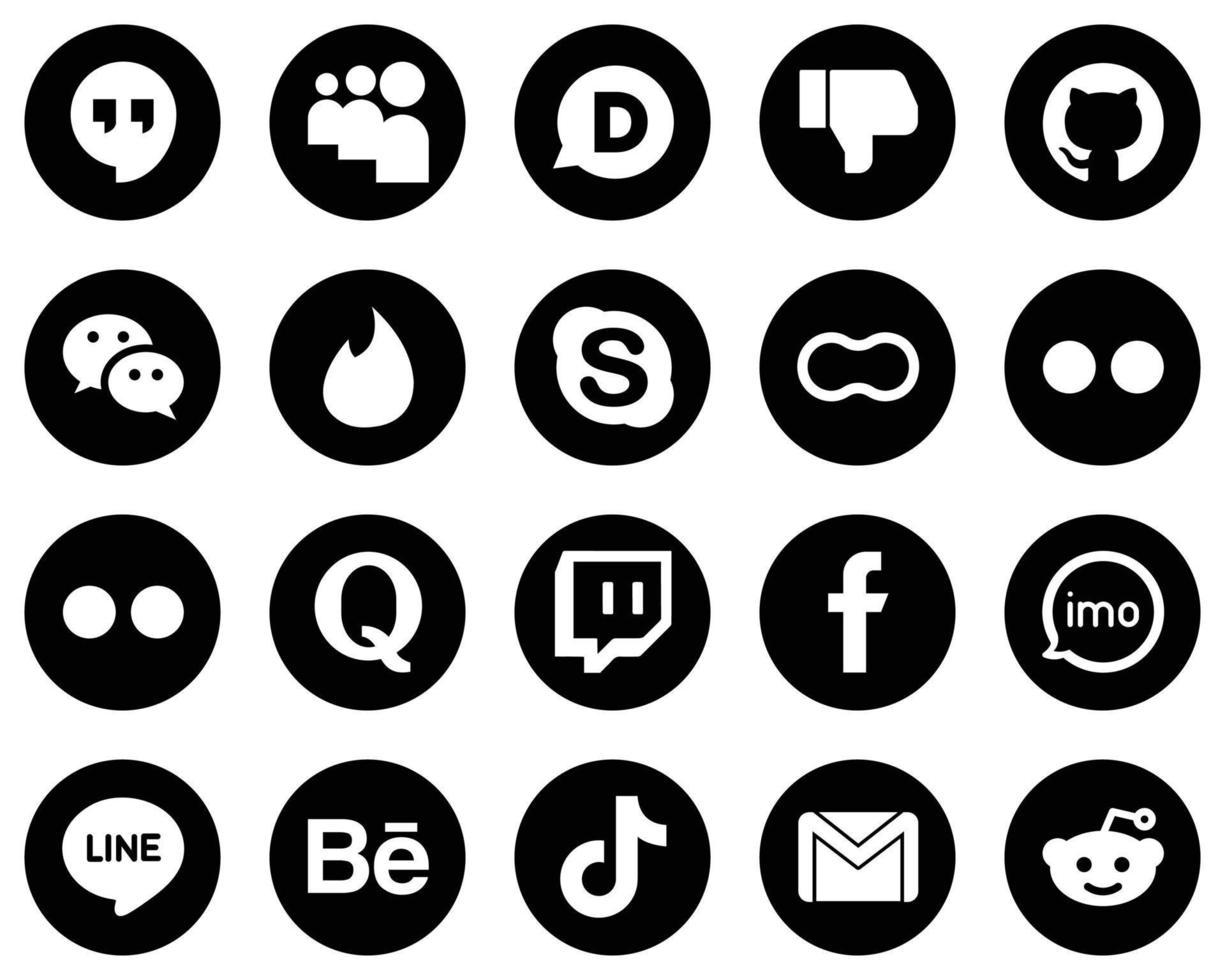 20 Versatile White Social Media Icons on Black Background such as question. yahoo. tinder. flickr and mothers icons. Eye-catching and high-definition vector