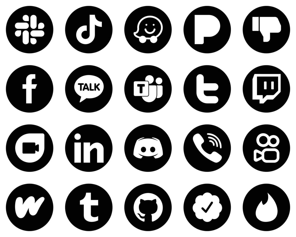 20 iconos modernos de medios sociales blancos sobre fondo negro como tweet. no me gusta y los iconos del equipo de Microsoft. de alta calidad y moderno vector