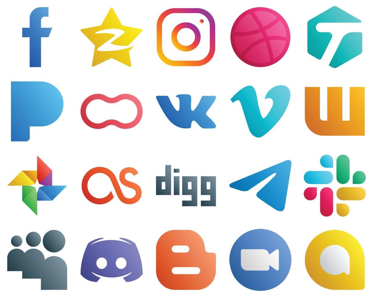 20 High Resolution Gradient Social Media Icons such as video. vk. women and peanut icons. Customizable and unique vector