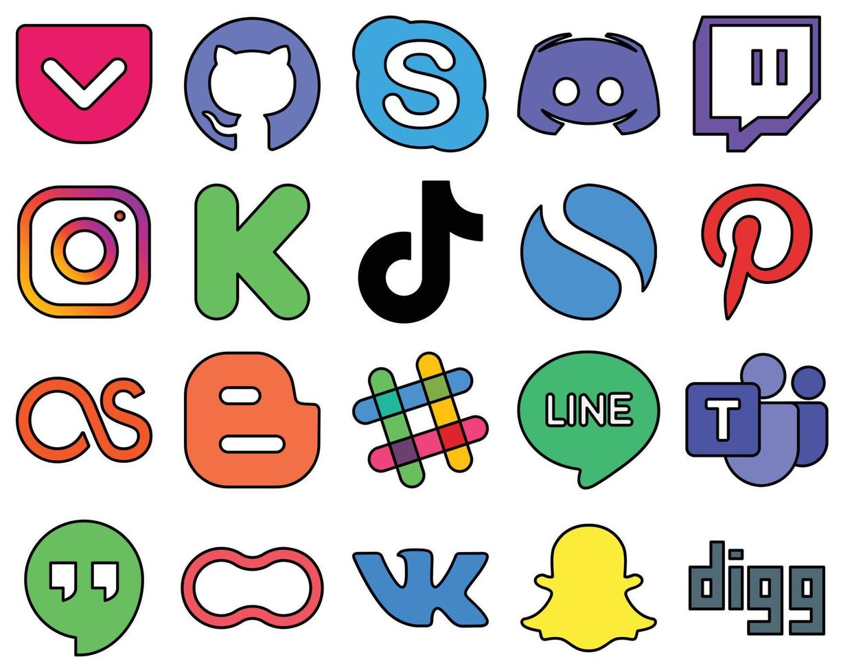 20 High-Quality Line Filled Social Media Icons Pack such as china. douyin. twitch. tiktok and kickstarter High-resolution and stylish vector