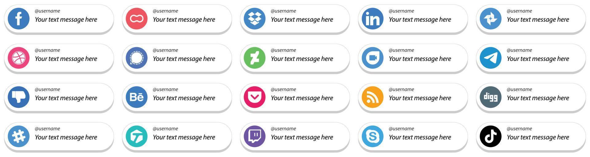 20 sígueme íconos de redes sociales con mensajes personalizables como messenger. dúo de google. profesional. iconos de deviantart y messenger. alta calidad y creativo vector