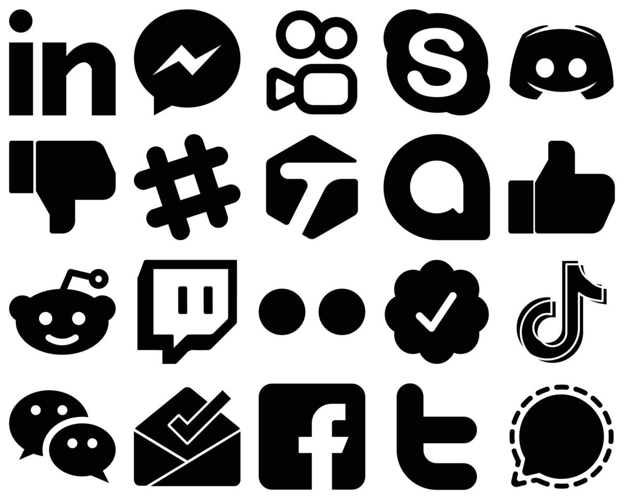 20 íconos minimalistas de redes sociales con glifos negros, como me gusta. etiquetado discordia. spotify y no me gustan los iconos. versátil y premium vector