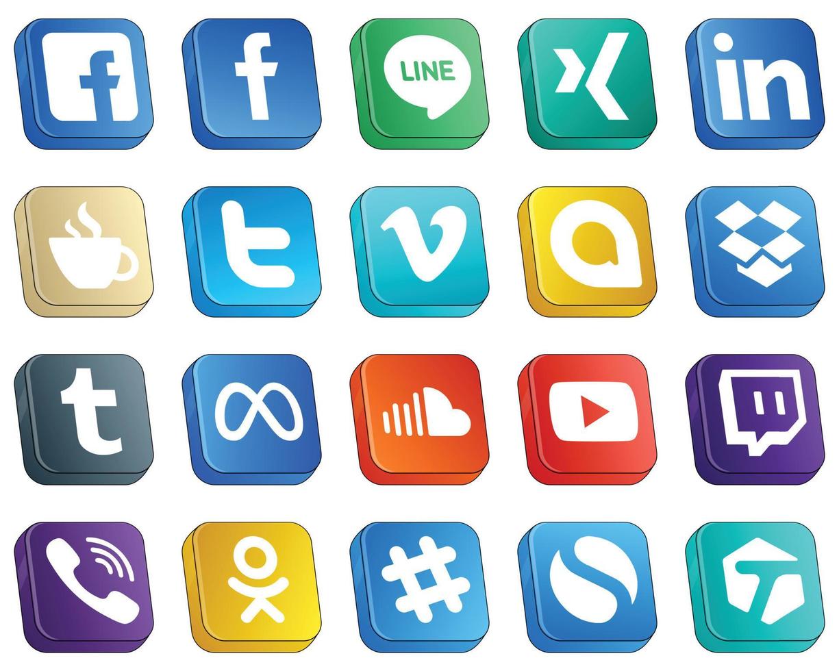 Isometric 3D Social Media Icons Pack 20 icons such as meta. dropbox. streaming. google allo and vimeo icons. High-quality and minimalist vector