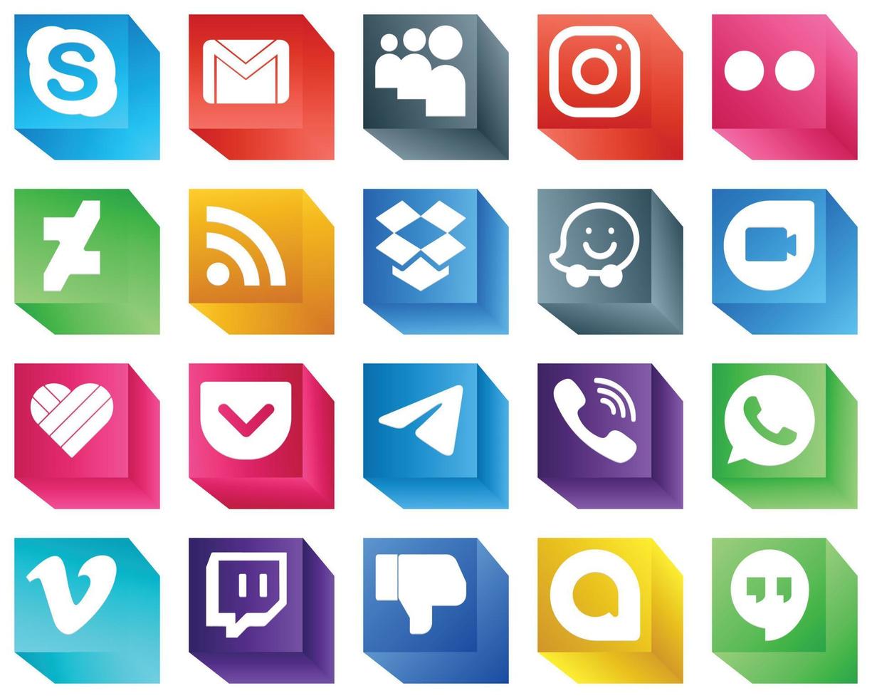 3D Social Media Icons for Websites 20 Icons Pack such as likee. waze. dropbox and rss icons. High-resolution and editable vector