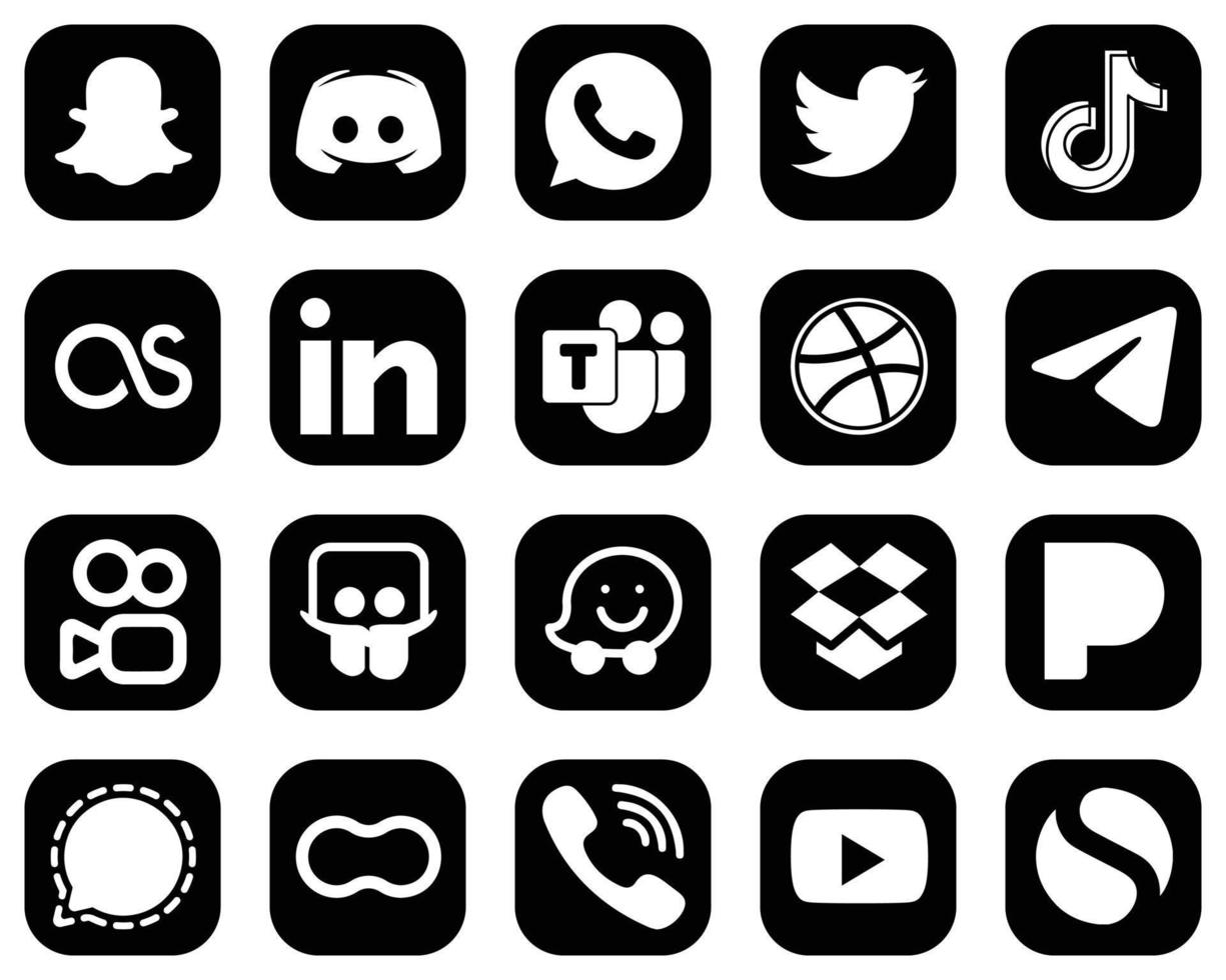 20 íconos versátiles de medios sociales blancos sobre fondo negro como profesionales. iconos de tiktok y linkedin. llamativo y de alta definición vector